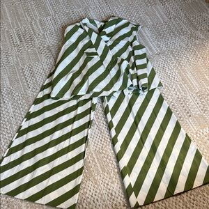 Wide Leg Striped Jumpsuit - Green & White